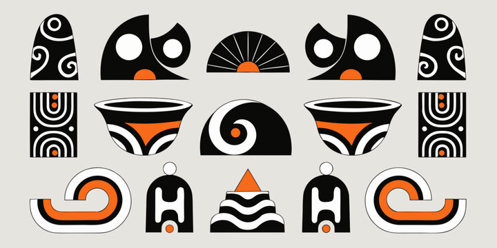 Collection of maori art patterns and symbols with black white and orange colors patterns traditional illustration indigenous aboriginal ancestral heritage cultural identity symbolism