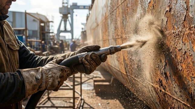 Close-up of an industrial worker sandblasting rust off a massive metal ship surface