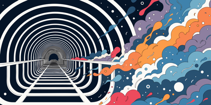 Abstract illustration of a train tunnel with colorful clouds and stars abstract illustration colorful transportation graphics background creative imaginative saturation perspective universe