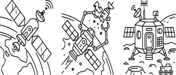 Space Exploration Icons: Orbiting Satellite, Debris Capture, and Lunar Lander © Durjoy 