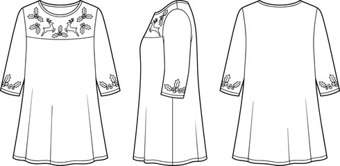 Christmas tunic dress technical fashion sketch vector showcasing front side and back views with reindeer © Md Atiar Rahman