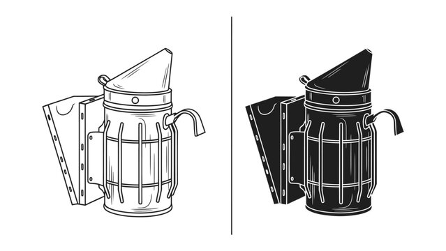 Beekeeping Tool Set: Two contrasting illustrations of a beekeeper's smoker, one in outline and the other in solid black, showcasing this essential tool for apiary management.