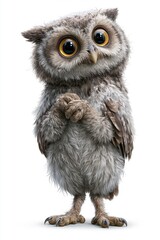 Obraz premium small owl with fluffy feathers stands on two feet. Its large round eyes look curious. setting shows a plain background with no other details