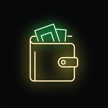 Wallet displaying cash and currency as a glowing neon sign on black background