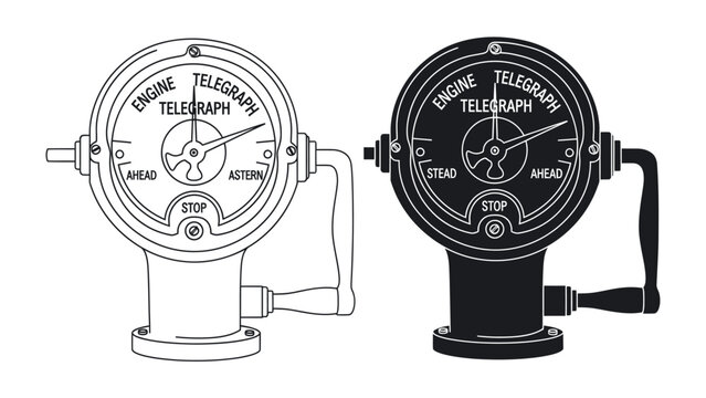 Antique Engine Telegraph Icons: A set of vintage engine telegraph icons, one outlined in black and white, the other in solid black, depicting nautical navigation equipment for controlling ship speed.