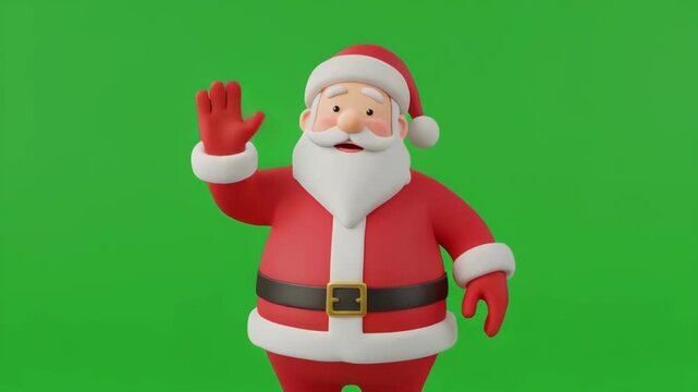 Friendly Santa Claus waving hello with festive cheer during winter holidays against a green screen background