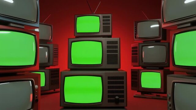 Retro televisions stacked with green screens in a repeating pattern on a red background