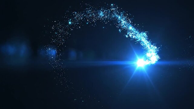 A streak of sparkling blue particles creates a beautiful arc against a dark background, illuminated by a bright lens flare