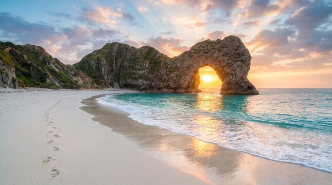 Sandy beach with calm turquoise waters, lush green mountains at sunrise under a clear blue sky.