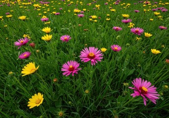 Fototapeta premium Vibrant pink and yellow wildflowers cover a lush green meadow, signifying the arrival of springtime and abundant natural beauty, abundance., spring, field