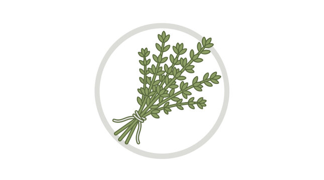 Hand-drawn illustration of fresh thyme herb sprigs tied with twine, inside a circle icon.