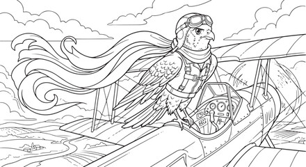 Coloring page for kids featuring a heroic eagle pilot wearing aviator goggles and a scarf flying a vintage biplane over a landscape © Ajoy