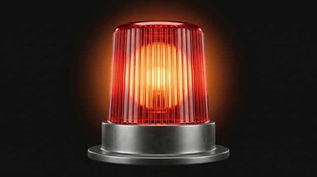 Bright red emergency light flasher rotating on dark background with warm glow and ribbed glass surface.
