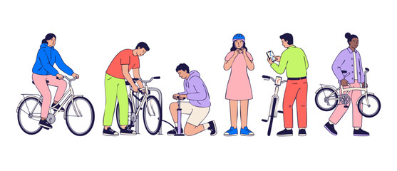 Fototapeta premium People riding bicycles vector illustration set preparing bikes, pumping tires, wearing helmets, and navigating routes for active, healthy, and eco-friendly urban lifestyles on white background.