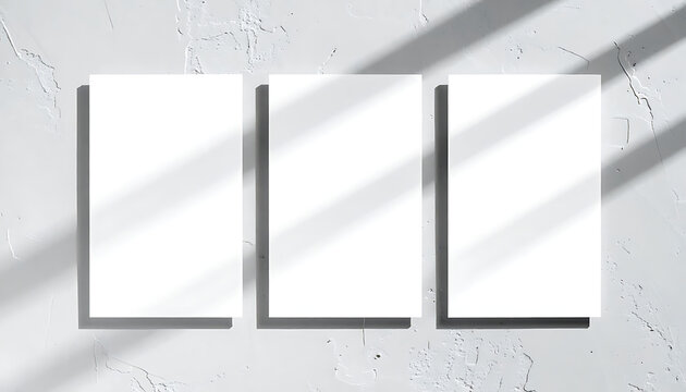 Three blank paper cards mockup with soft window shadow overlays on textured stone background for branding presentation