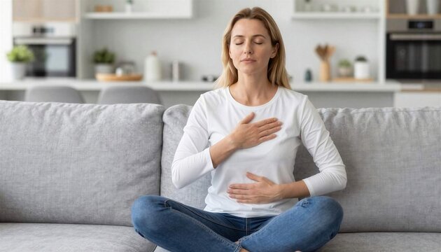 Blonde woman sitting on sofa practicing deep breathing meditation with hands on chest and stomach.