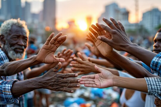 Individuals extend their hands to support one another at community gathering taking place in an urban areas sun sets in background
