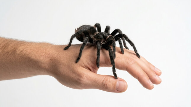 Hand holding tarantula spider on white background, showcasing intimate connection with arachnid. Tarantula perched on hand demonstrates unique interaction between human and spider.