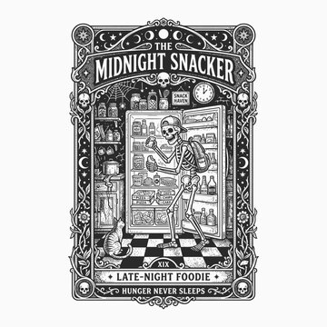 Funny skeleton halloween tarot card illustration midnight snacker with food spooky vintage design