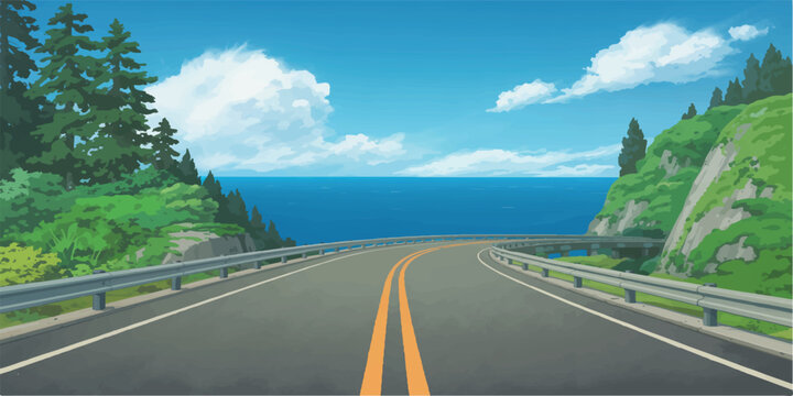 Scenic Asphalt Highway Leading Through Green Mountains Under a Blue Summer Sky with Clouds and Rural Countryside Landscape