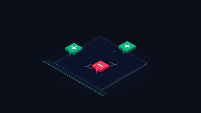 Isometric math symbols plus and minus glowing on dark platform