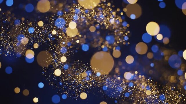 Gold and blue bokeh particles drifting softly in an elegant and dreamy overlay background