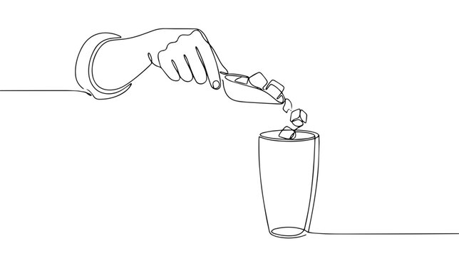 Hand pouring ice cubes into glass with scoop. Continuous line art illustration. Beverage and refreshment concept