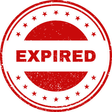 Red expired stamp badge with stars and crossed out moon symbol