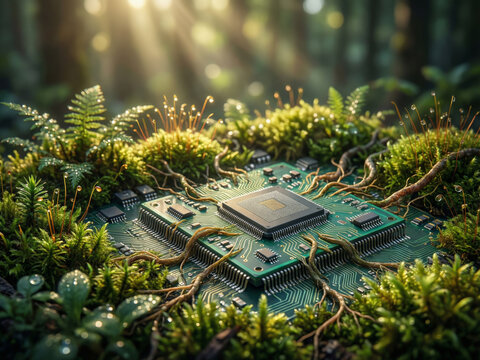 Une puce &eacute;lectronique en circuit int&eacute;gr&eacute; recouverte de mousse verte et de petites plantes tropicales, pos&eacute;e dans une for&ecirc;t luxuriante, concept fusion technologie et nature durable.