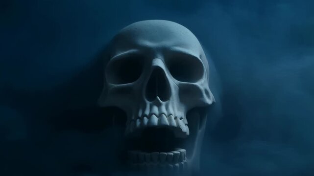 Mysterious skull emerging from dark fog in eerie atmosphere