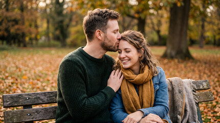Fototapeta premium Young couple in love sharing a tender moment outdoors on a park bench during autumn