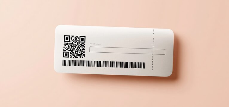 Minimalist airline boarding pass with QR code on soft peach background, modern travel-themed design.