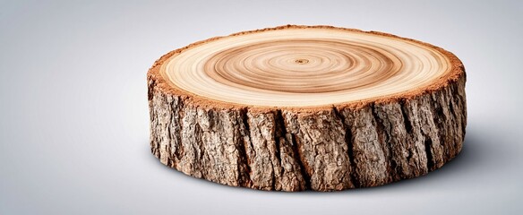 Fototapeta premium Top-down perspective of an aged tree stump cross-section highlighting growth rings and texture on a white background.