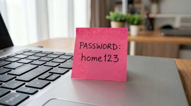 Security risk of weak passwords depicted by a pink sticky note with handwritten text on a laptop.
