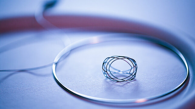 Slender balloon catheter and miniature stent on surgical tray, metallic shine.