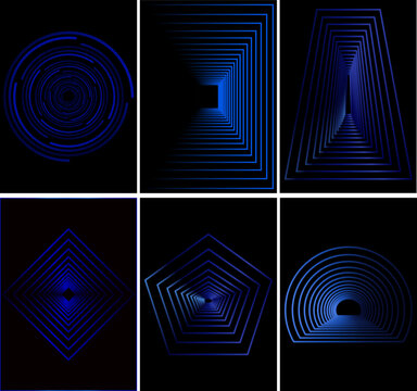 Futuristic blue neon tunnel background set with geometric wireframe lines and abstract portal hallway vector illustration