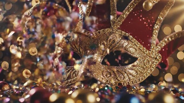 Golden carnival mask with red jester hat and falling confetti on festive bokeh background