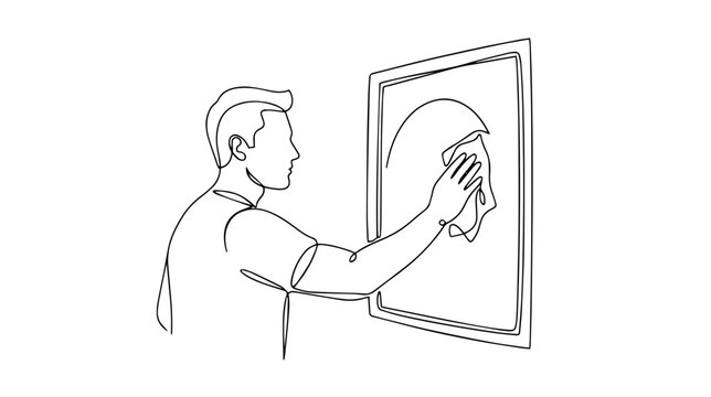 Man cleaning mirror with cloth. Continuous one line drawing illustration. Minimalist household chore concept