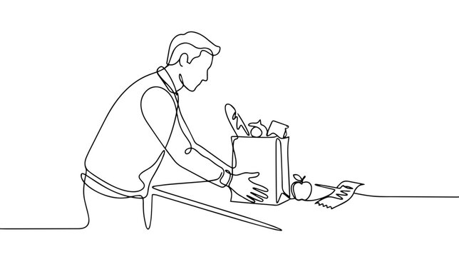Man unpacking groceries from paper bag. Continuous one line drawing illustration. Minimalist home and food concept