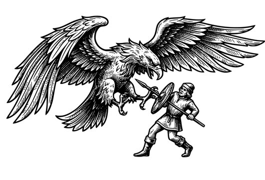 Antique Medieval Woodblock Engraving of Giant Bird Attacking Man Vector Art