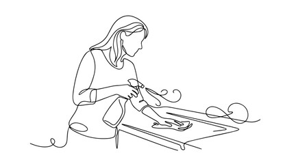 Obraz premium Woman cleaning table with spray bottle and cloth. Continuous one line drawing illustration. Minimalist domestic housework concept