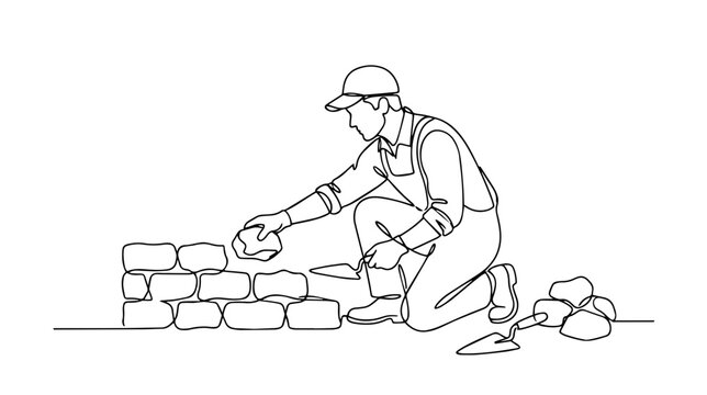 Bricklayer building a brick wall with trowel. Continuous one line drawing illustration. Minimalist construction and masonry concept