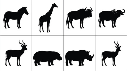 Wild Animal Silhouette Vector Set Featuring Horse, Giraffe, Rhino, Buffalo and African Mammals © Its Butterfly