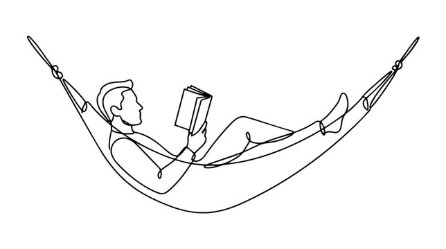Man reading a book while relaxing in a hammock. Continuous one line drawing illustration. Minimalist vector design