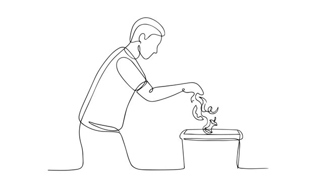 Man throwing apple core into trash bin. Continuous one line drawing illustration. Minimalist waste disposal vector graphic isolated on white background