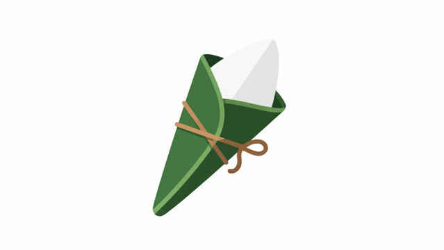 A green origami paper cone tied with string.