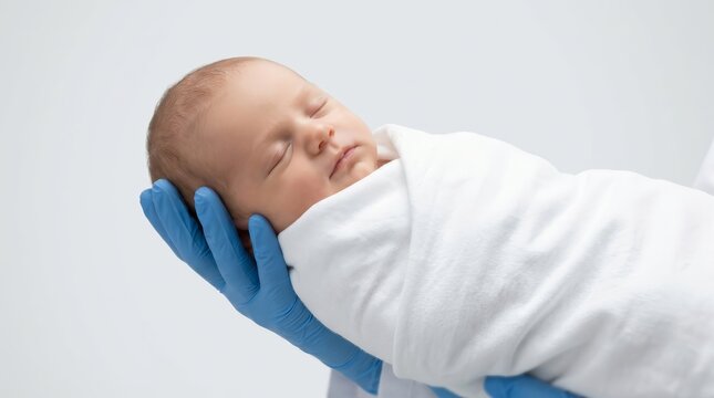 New life and IVF treatment symbol with a newborn wrapped in white cloth held by a gloved hand.