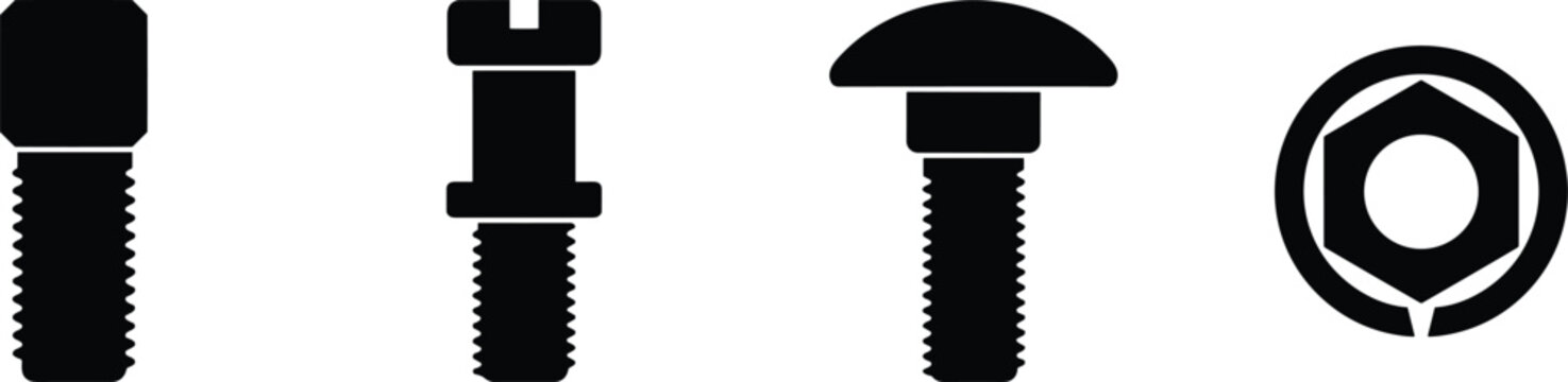 Black bolt heads, slotted screw, carriage bolt and hex nut silhouette vector icon set