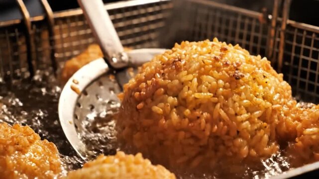Golden Sicilian arancini frying in hot oil and being lifted with a metal skimmer spoon