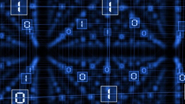 Royal blue color wiggling binary codes connected by lines big data transfer hi tech design black technology background